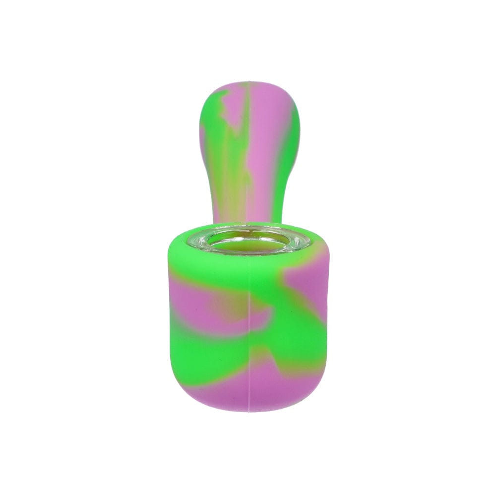 Front view of the Silicone Sherlock Hand Pipe, showing a colorful, patterned design and a slightly angled, top-down perspective.