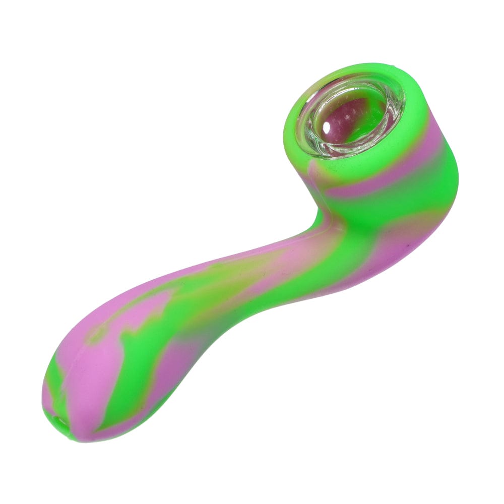 A top-down view of the Silicone Sherlock Hand Pipe, showcasing its colorful, curved design against a plain white background.