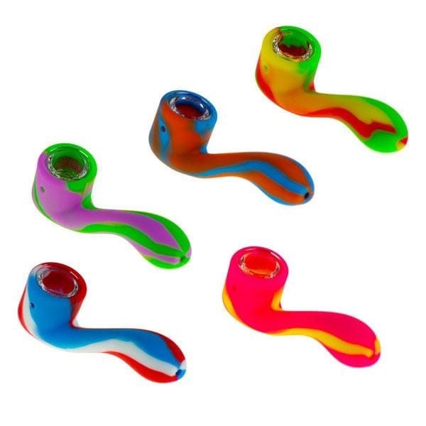 Front view of the Silicone Sherlock Hand Pipe, a colorful, curved pipe against a plain white background.