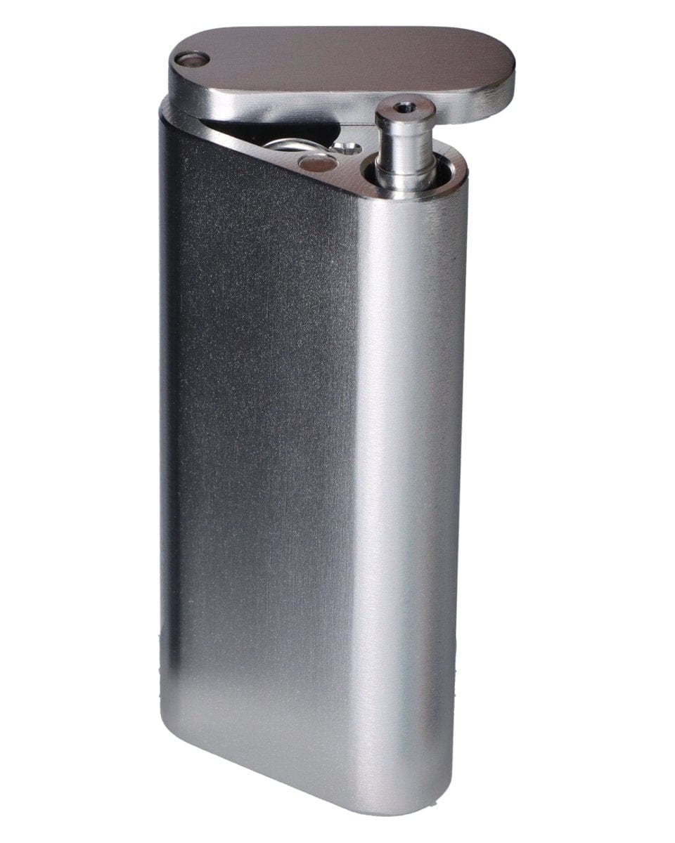 Front view of the 4" Aluminum Dugout And Chillum, showing a silver, metallic case with a visible opening on top.