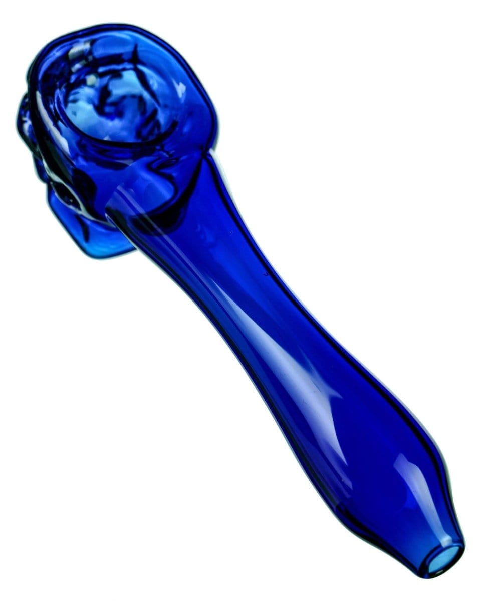 A side view of the Skull Mini Spoon Pipe, showcasing its sculpted design in a vibrant blue hue.