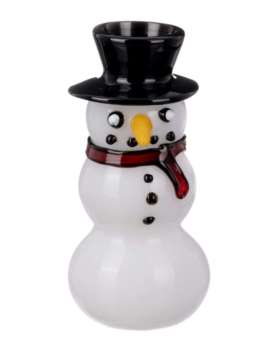 Front view of the Snowman Hand Pipe, a white ceramic piece shaped like a snowman’s head with a detailed face.