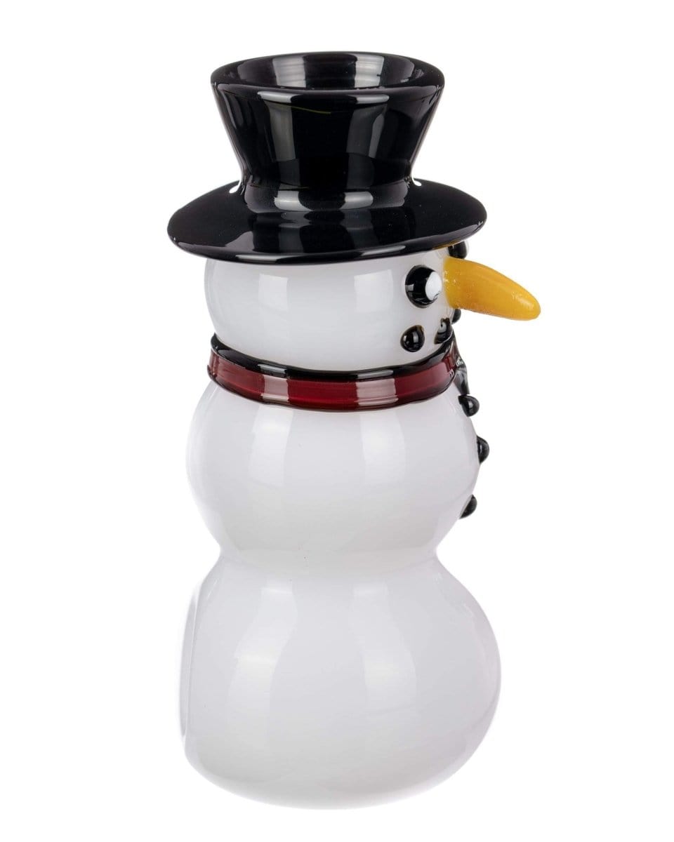 Front view of the Snowman Hand Pipe, a white ceramic pipe sculpted as a snowman with a black hat and orange nose.