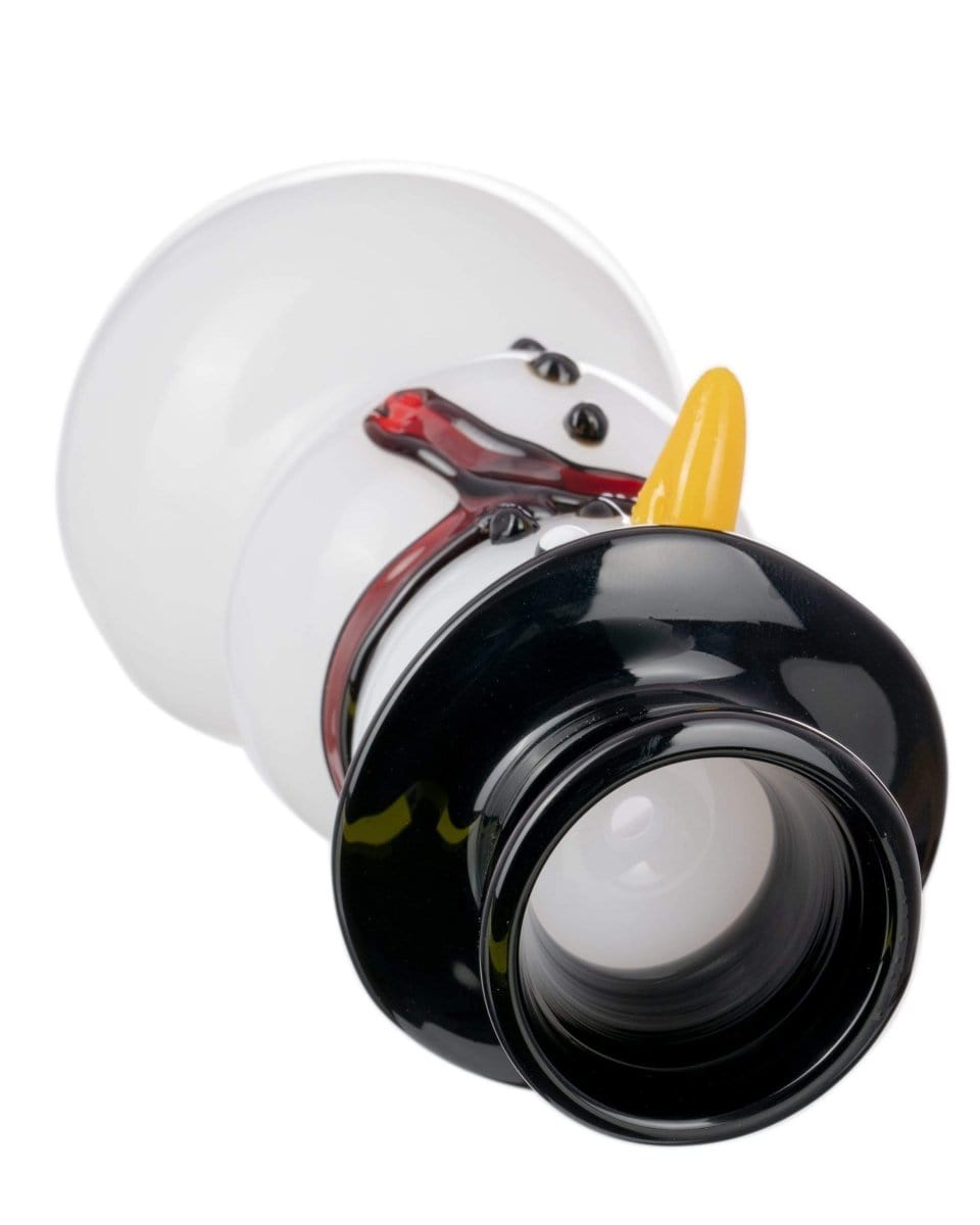 A tilted, close-up view of the Snowman Hand Pipe, featuring a white bowl and uniquely shaped design.