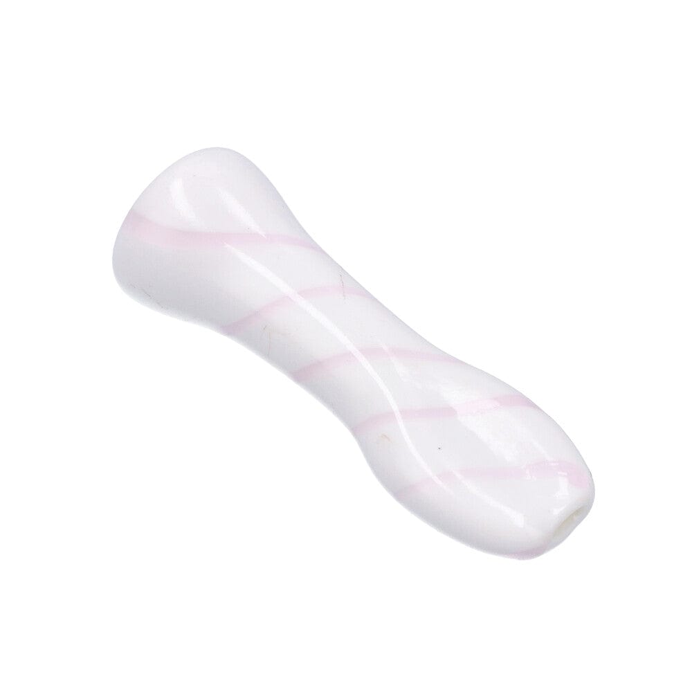 A close-up shot of the Striped Chillum, showcasing its slender shape and smooth, patterned glass design.