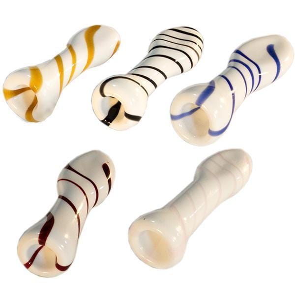 Front view of the Striped Chillum, a colorful glass piece with a swirling striped pattern and a simple cylindrical shape.