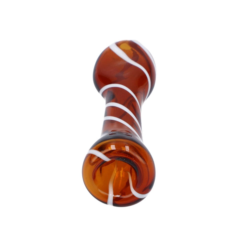 A close-up view of the Striped Chillum, showing a brown glass one-hitter with subtle vertical stripes.