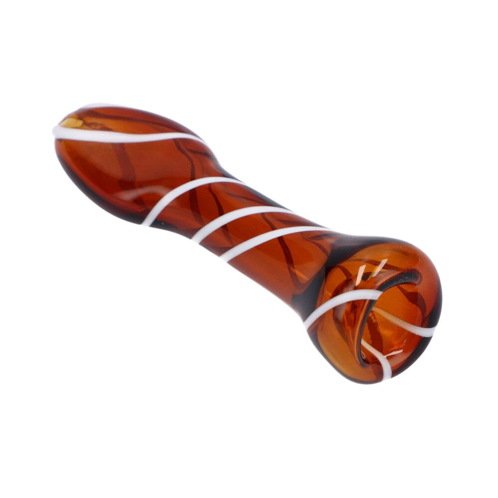 A close-up, angled view of the Striped Chillum, featuring a brown glass body with white stripes.