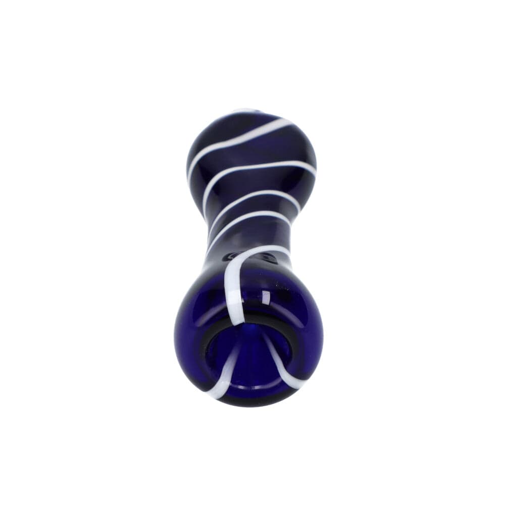 Close-up view of the Striped Chillum, a dark-colored glass pipe presented against a plain white background.