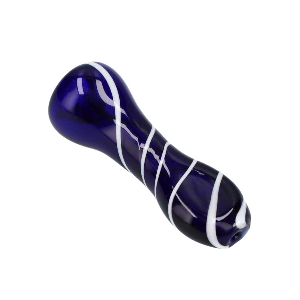 A close-up of the Striped Chillum, showcasing its colorful glass design and simple cylindrical shape.