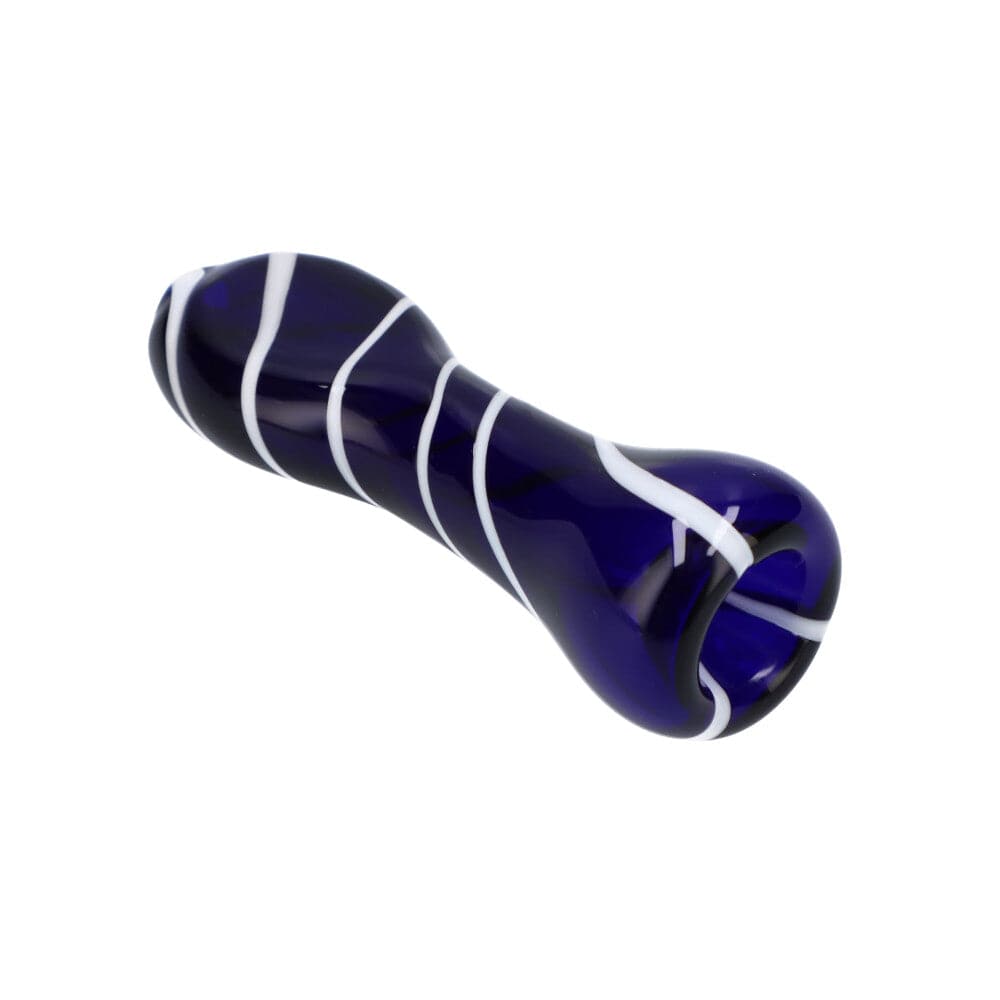 A close-up angled view of the Striped Chillum, featuring a dark-colored glass body with visible ribbed detailing.