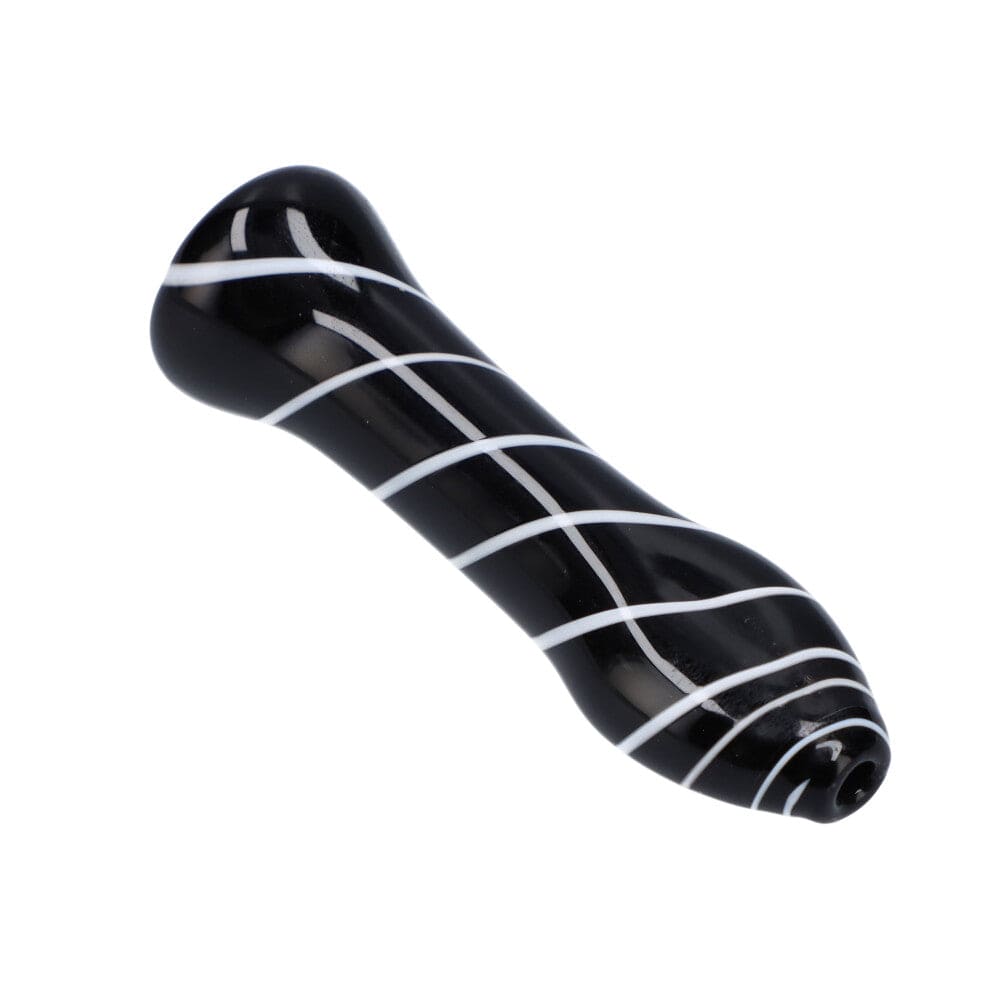 Close-up of the Striped Chillum, a black glass pipe with a simple cylindrical design, angled against a plain white background.