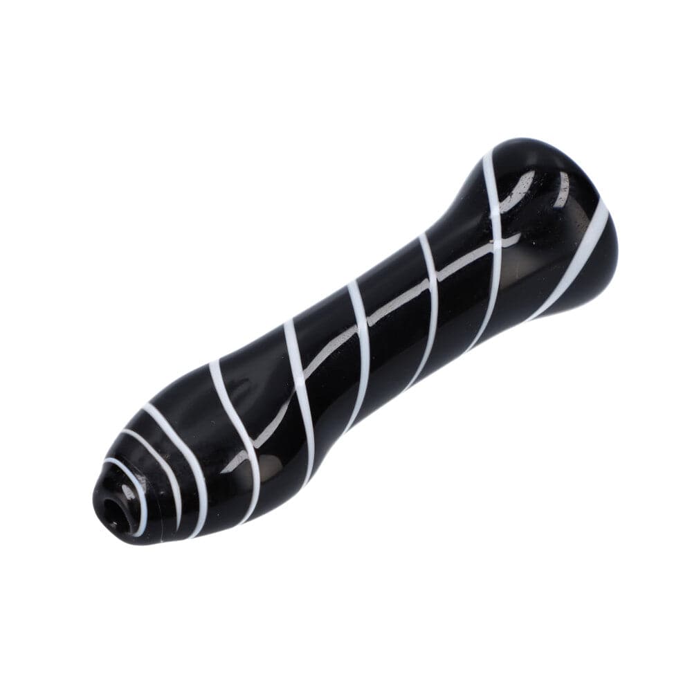 A close-up, angled view of the Striped Chillum, showcasing its dark, patterned glass construction.