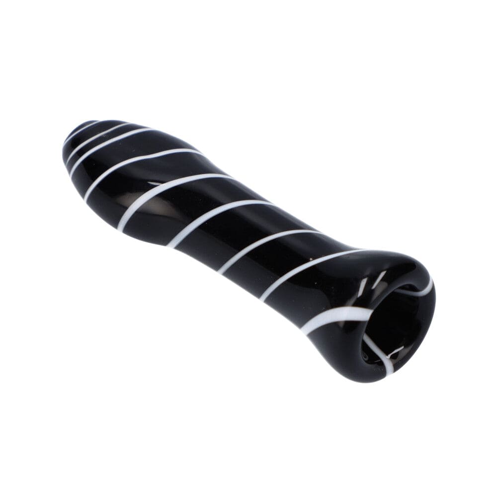 A close-up, angled view of the Striped Chillum, showcasing its dark glass and linear striped pattern.