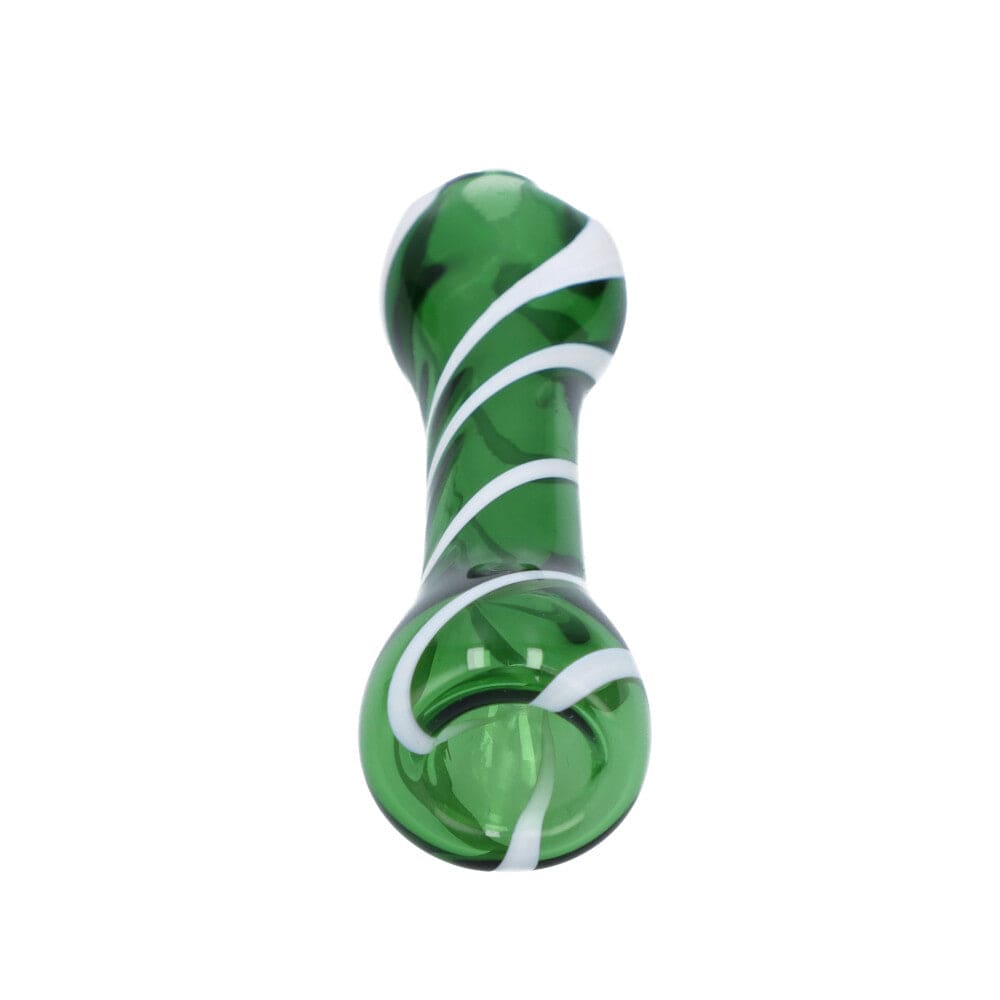 A close-up, angled view of the Striped Chillum, showing its colorful, patterned glass construction.