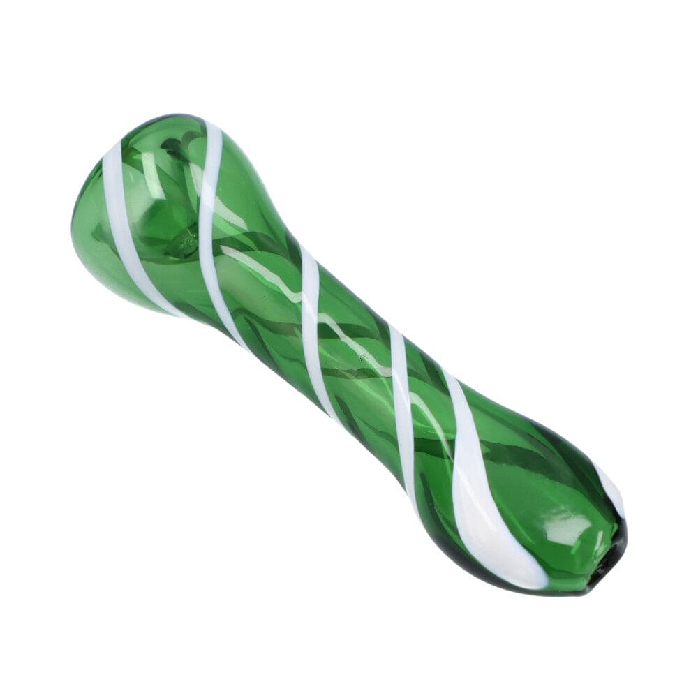 A close-up of the Striped Chillum, showcasing its green glass with white vertical stripes in a side view.