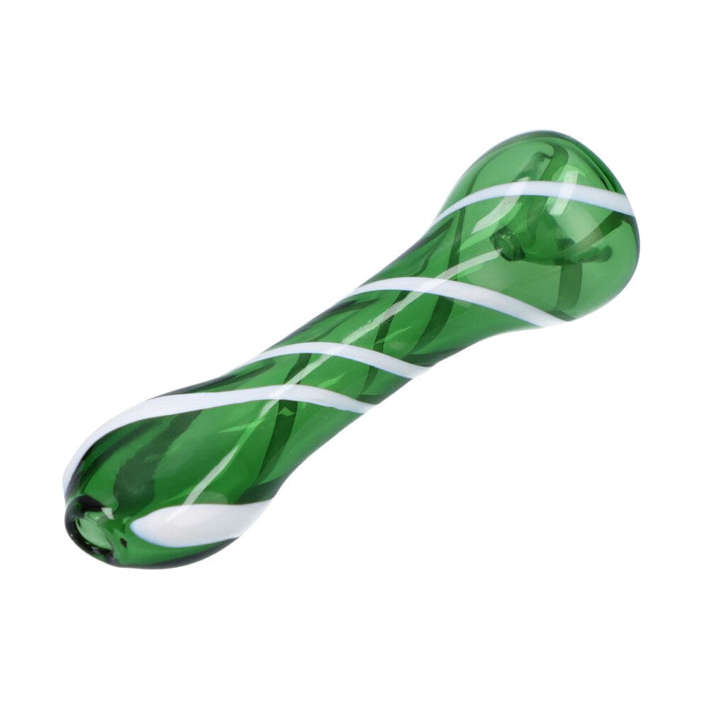 A close-up view of the Striped Chillum, a green glass one-hitter with a unique striped pattern.