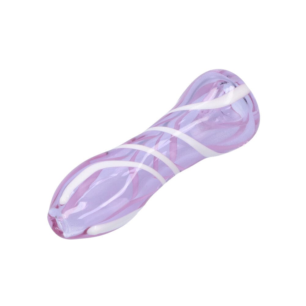 A close-up shot of the Striped Chillum, showing its purple glass with white stripes in a cylindrical shape.