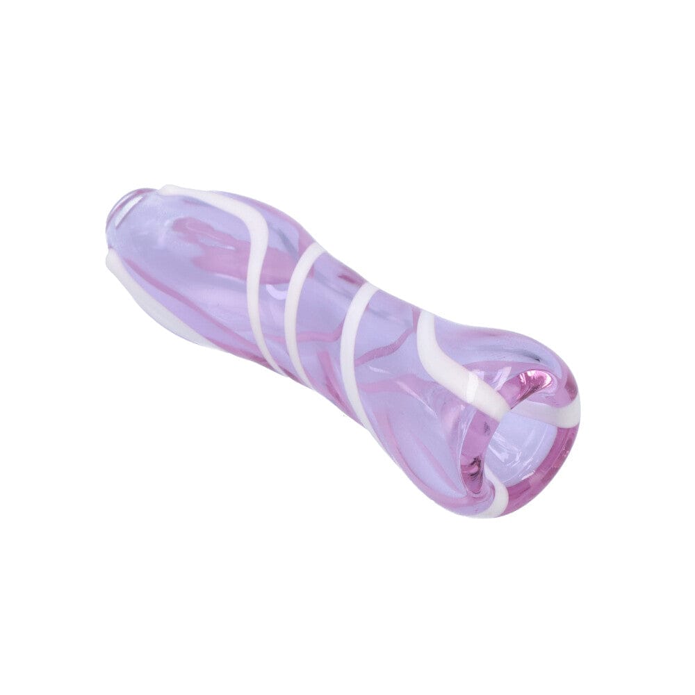 A diagonal view of the Striped Chillum, a glass one-hitter with vibrant purple and white stripes.