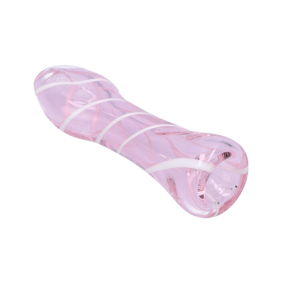 A diagonal view of the Striped Chillum, a glass pipe with colorful stripes, against a plain white background.
