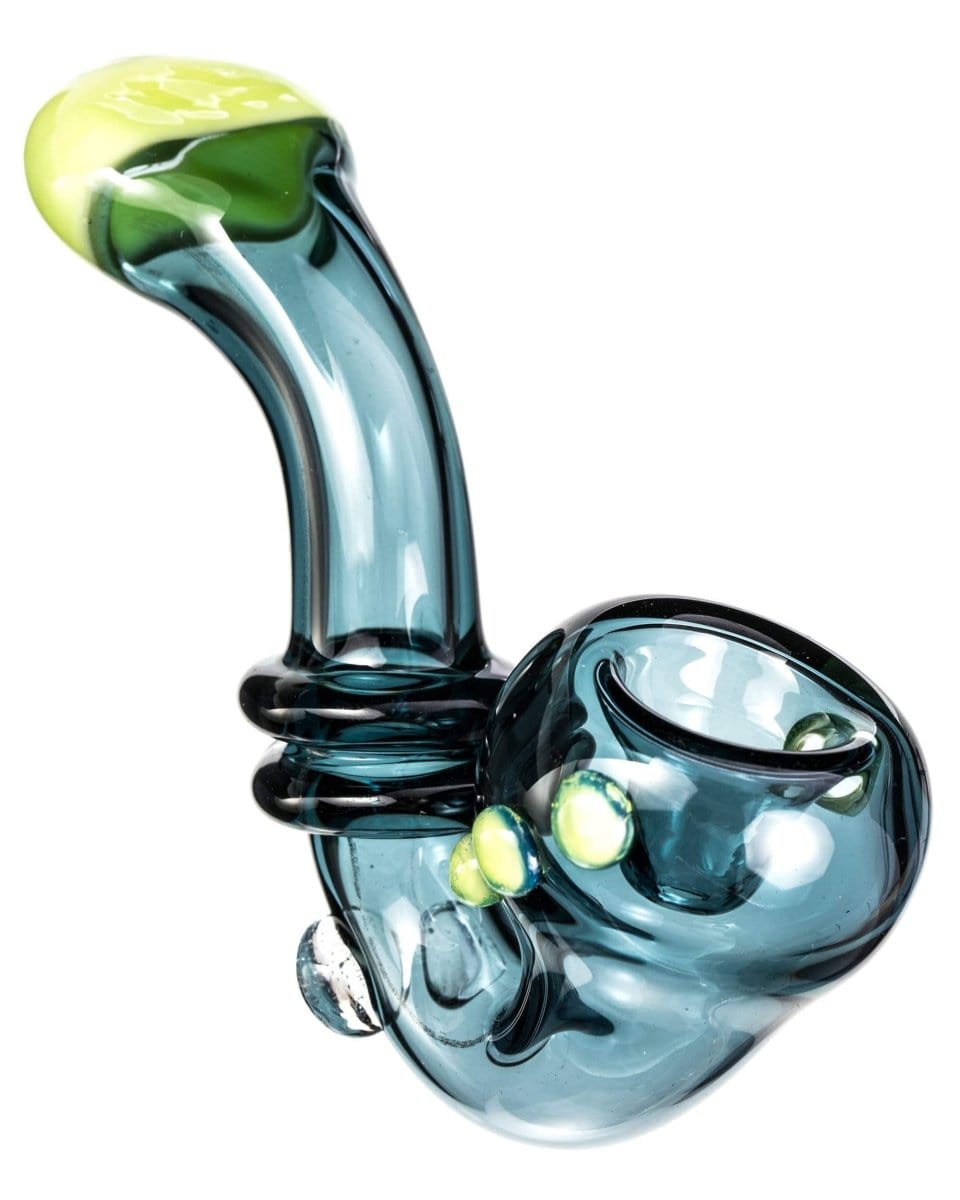 A side view of the Maria Ring Sherlock Pipe, featuring a curved stem and detailed glasswork.