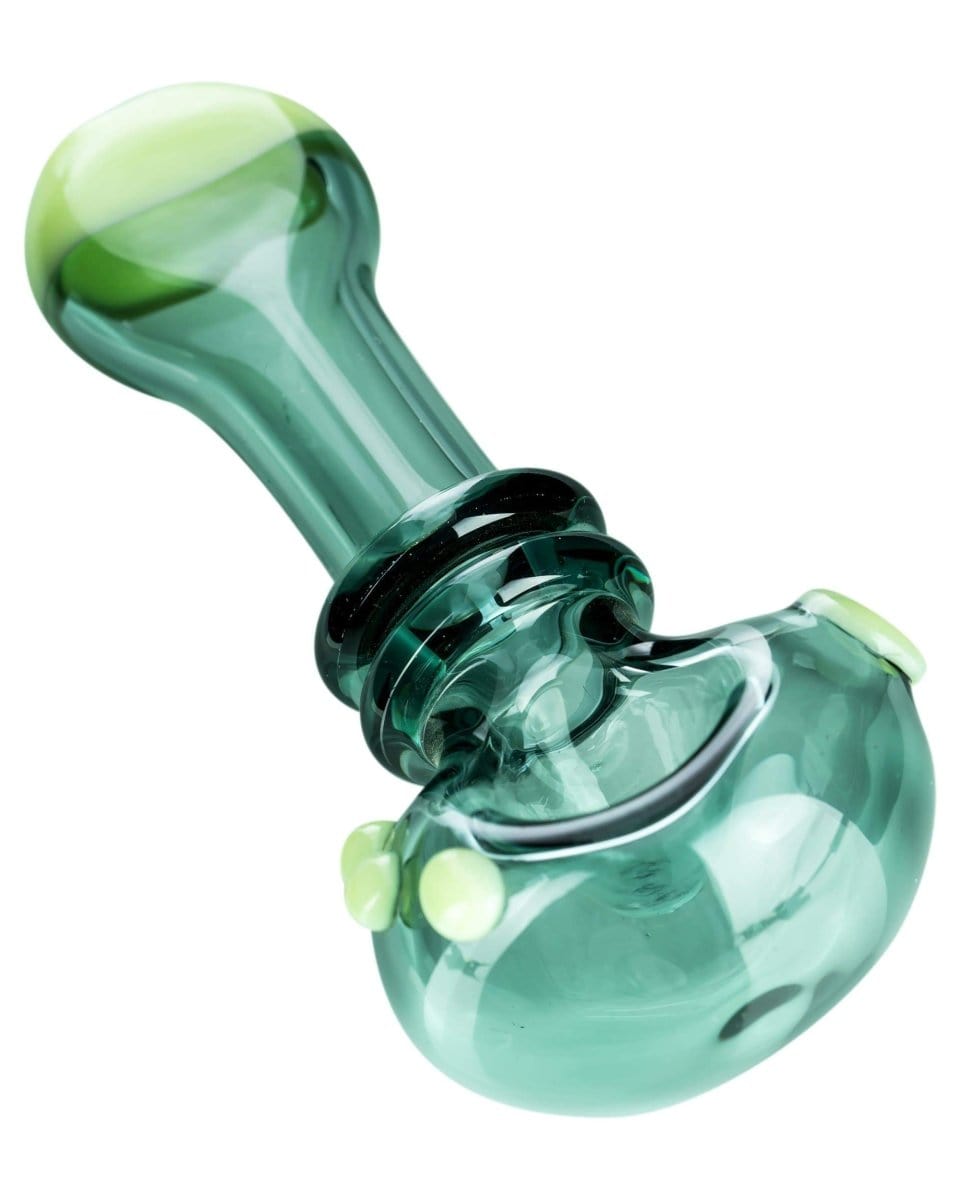 A three-quarter view of the Maria Ring Spoon Pipe, showcasing its smooth, curved form in translucent green glass.