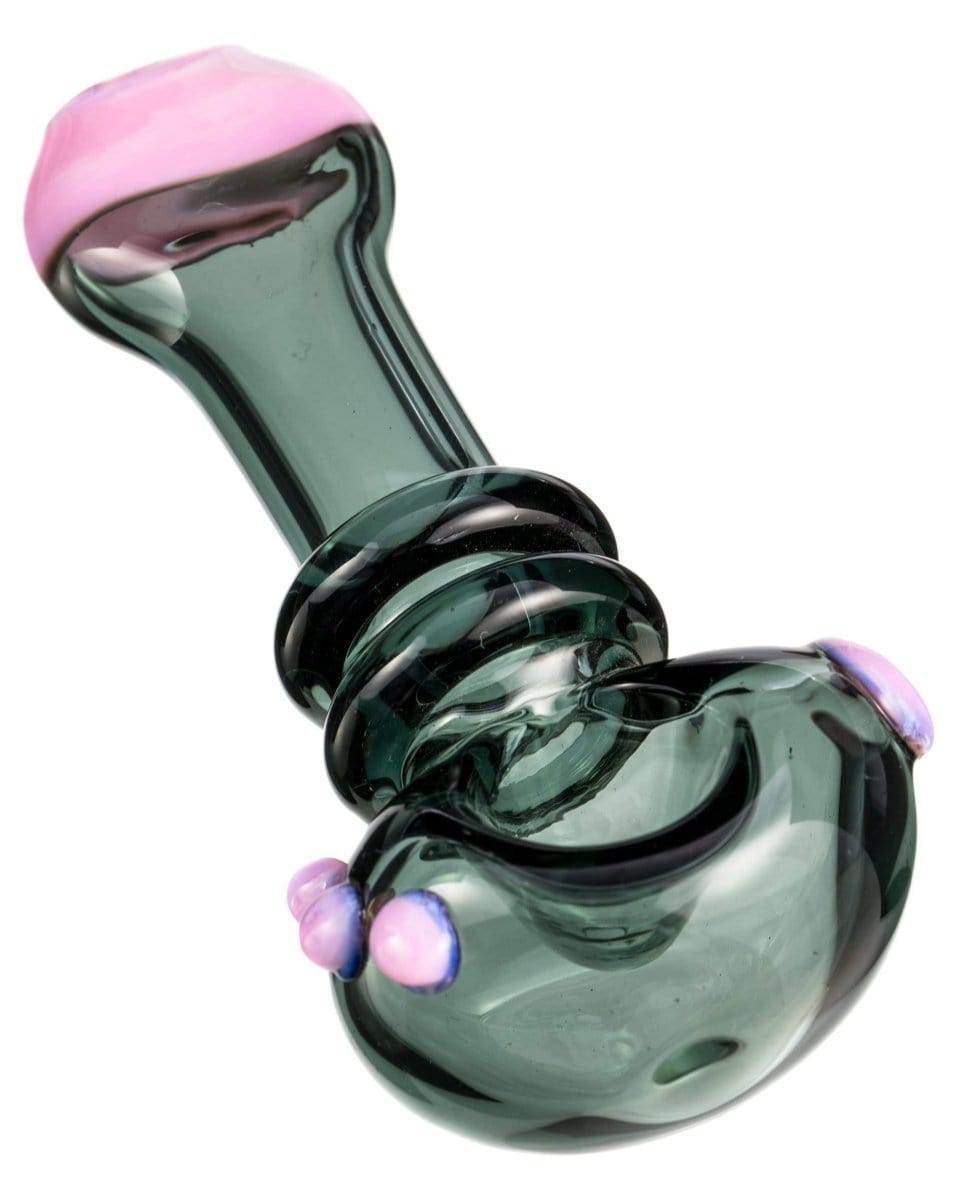 A three-quarter view of the Maria Ring Spoon Pipe, showing a curved glass bowl with a dark, speckled pattern.