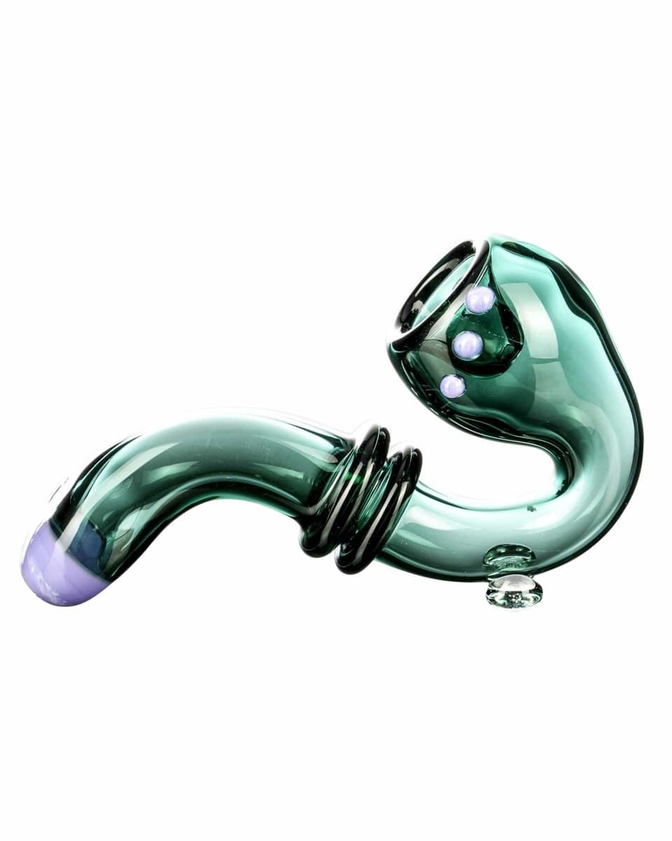 A three-quarter view of the Maria Ring Sherlock Pipe, showcasing its curved form and glossy green finish.
