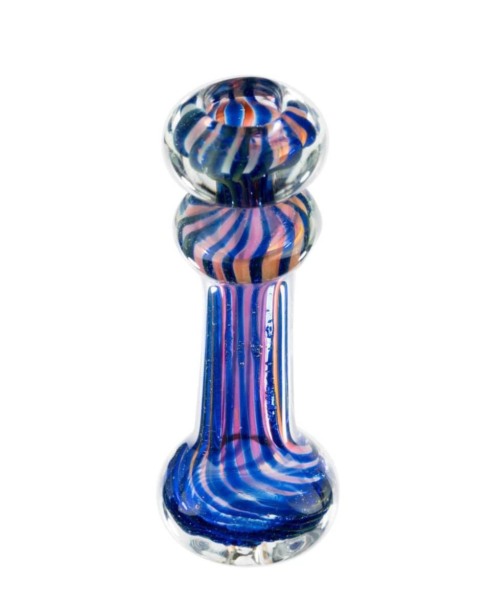 A close-up, angled view of the Tron Trail Chillum, showcasing its swirling blue and white glass design.