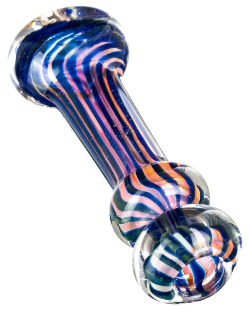 A close-up, angled view of the Tron Trail Chillum, showcasing its streamlined glass design.