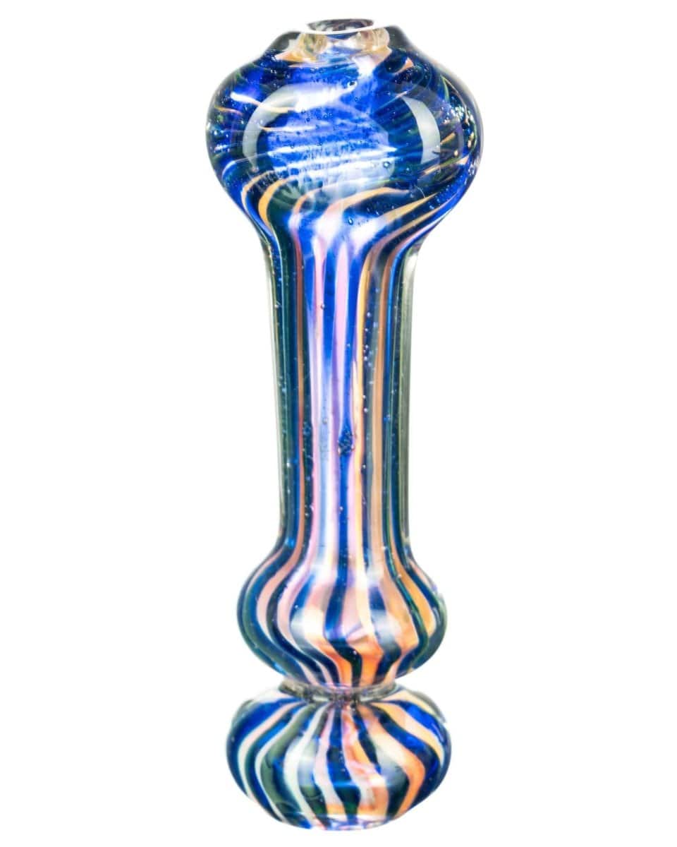 Front view of the Tron Trail Chillum, a glass pipe with a colorful, spiraled pattern and a rounded mouthpiece.