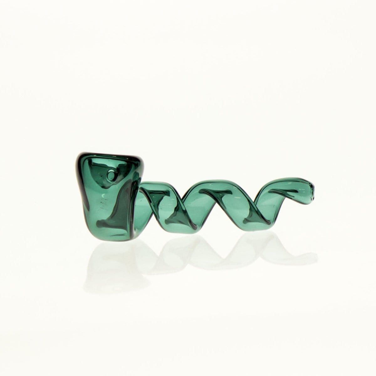 A close-up, angled view of the Twisted Pipe, showcasing its smooth, green glass curvature and reflective surface.
