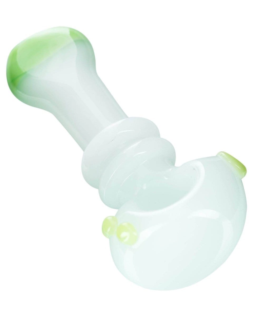 A side view of the Maria Ring Spoon Pipe, showcasing its curved design in clear glass.