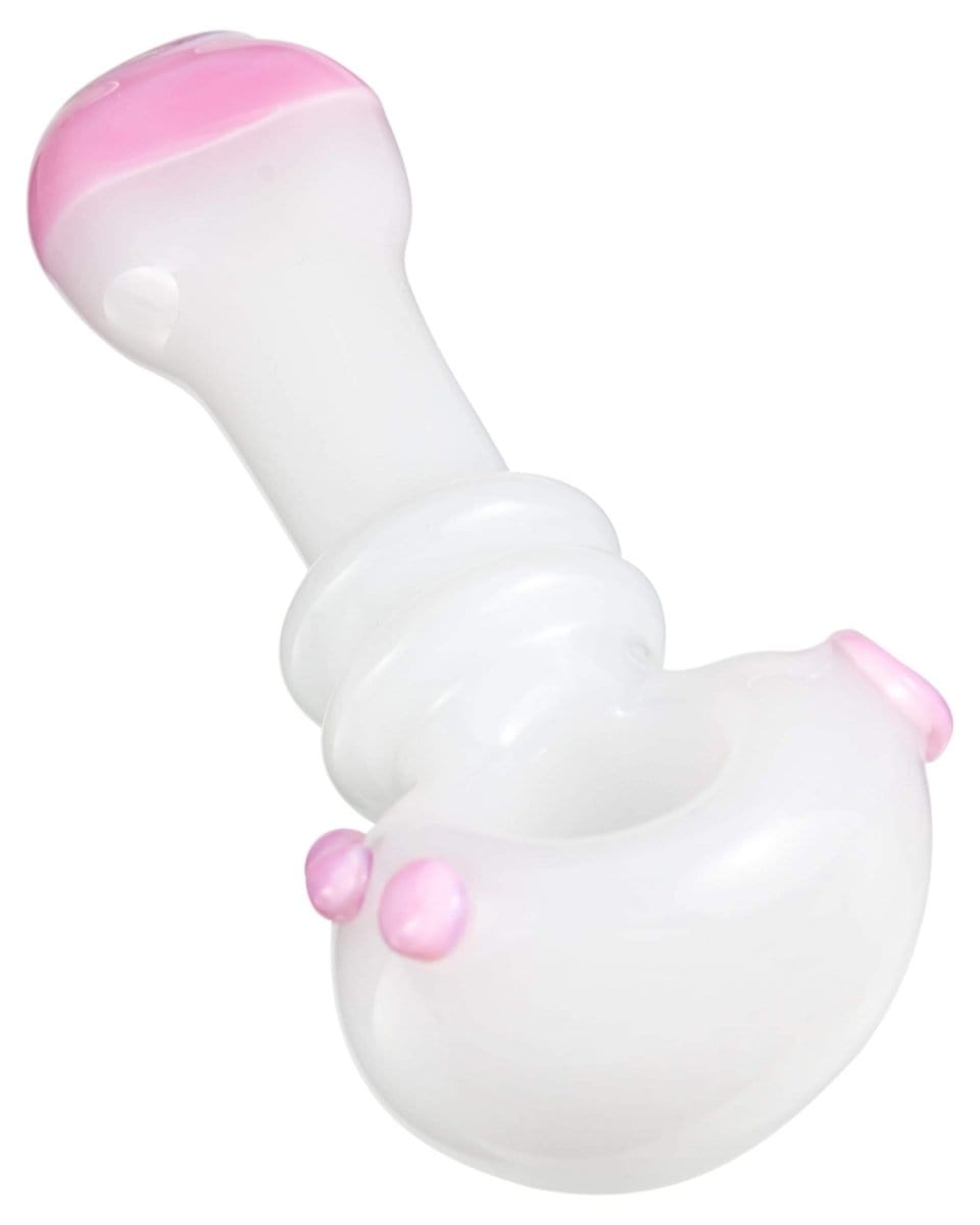 A side view of the Maria Ring Spoon Pipe, showcasing its curved form in a light-colored glass.
