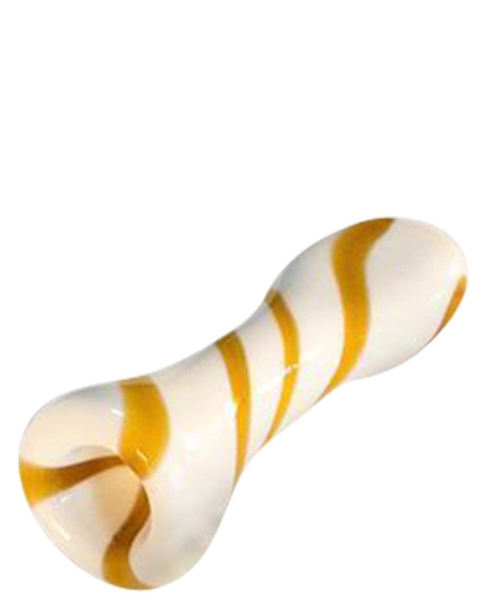 A close-up shows the Striped Chillum, a glass pipe with vertical stripes, angled slightly against a plain white background.