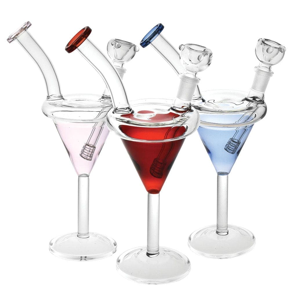 A front view of the Martini Glass Water Pipe - 9.5"/14mm F, showcasing three colorful glass pipes arranged on a white background.