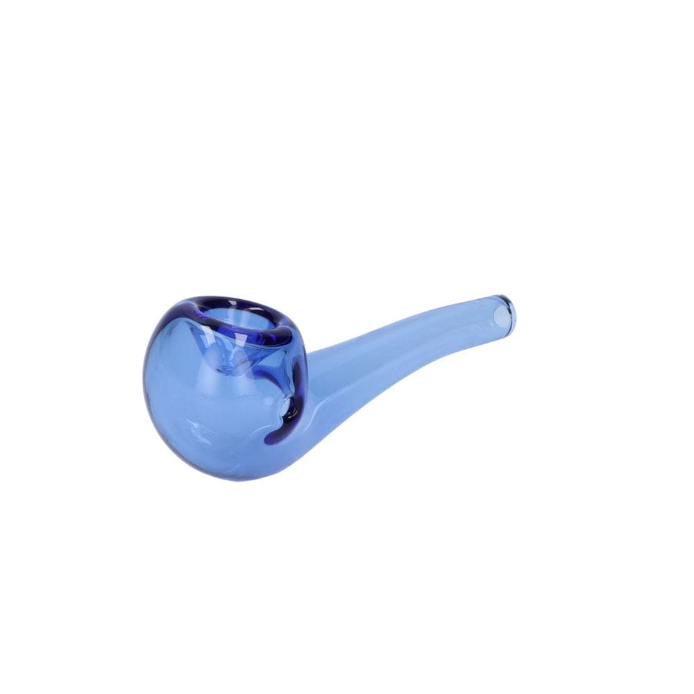 A side view of the bent 4" Everyday Essentials Spoon Pipe, showcasing its smooth, blue glass construction.