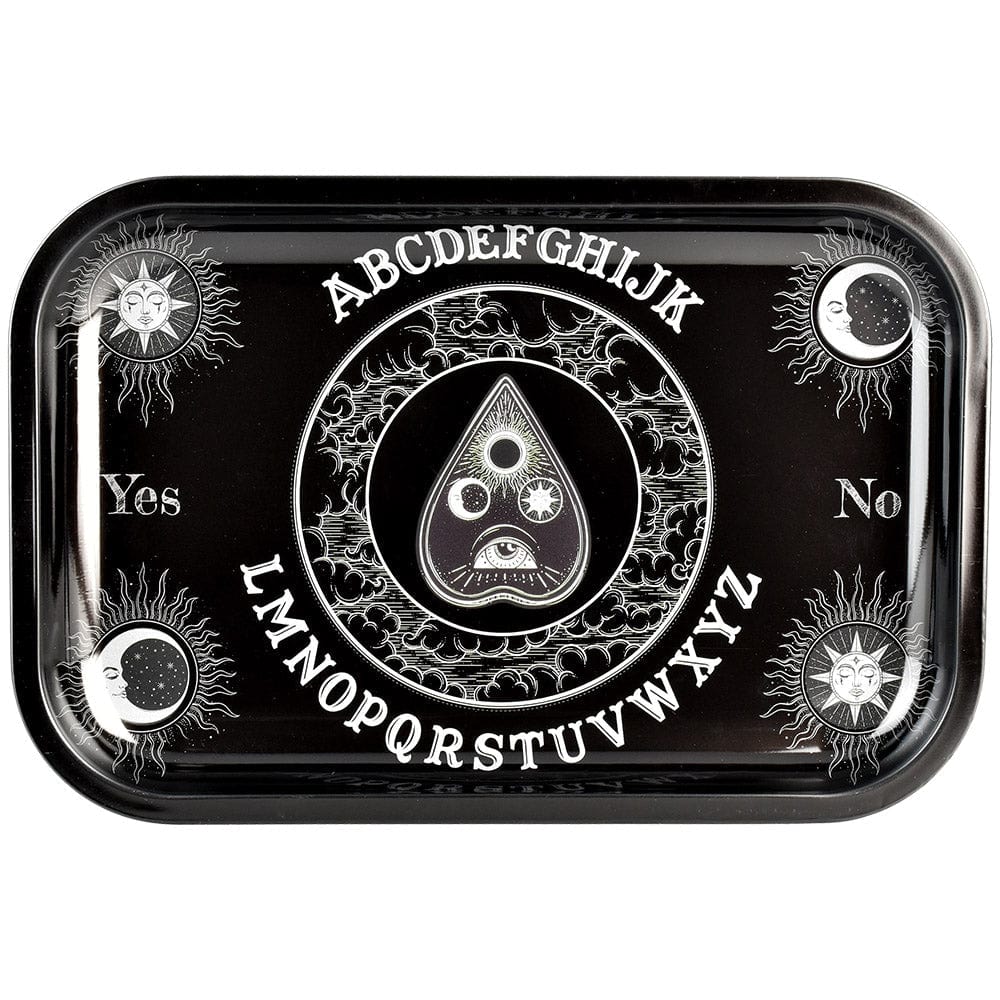 Front view of the Ouija Board Metal Rolling Tray, featuring a detailed, dark-toned planchette design against a metal surface.