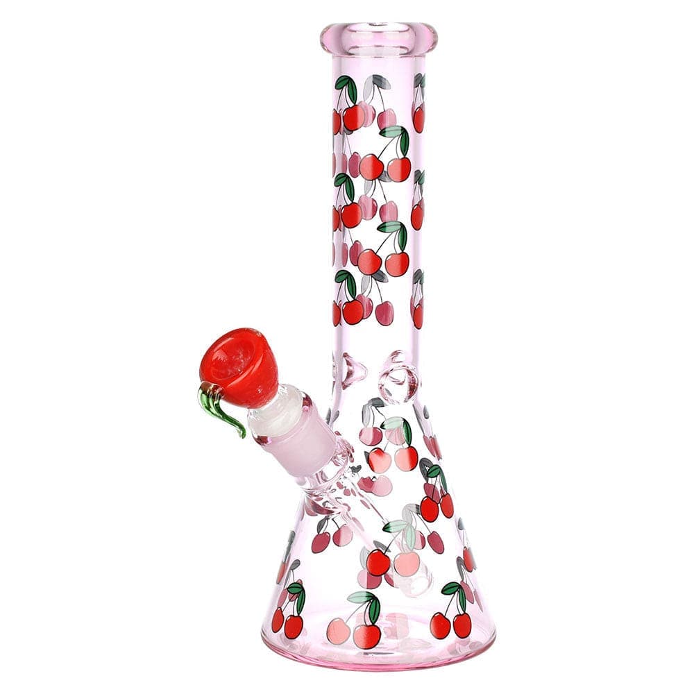 Front view of the 10-inch “Life Is A Bowl Of Cherries” beaker water pipe, featuring a colorful cherry pattern on clear glass.