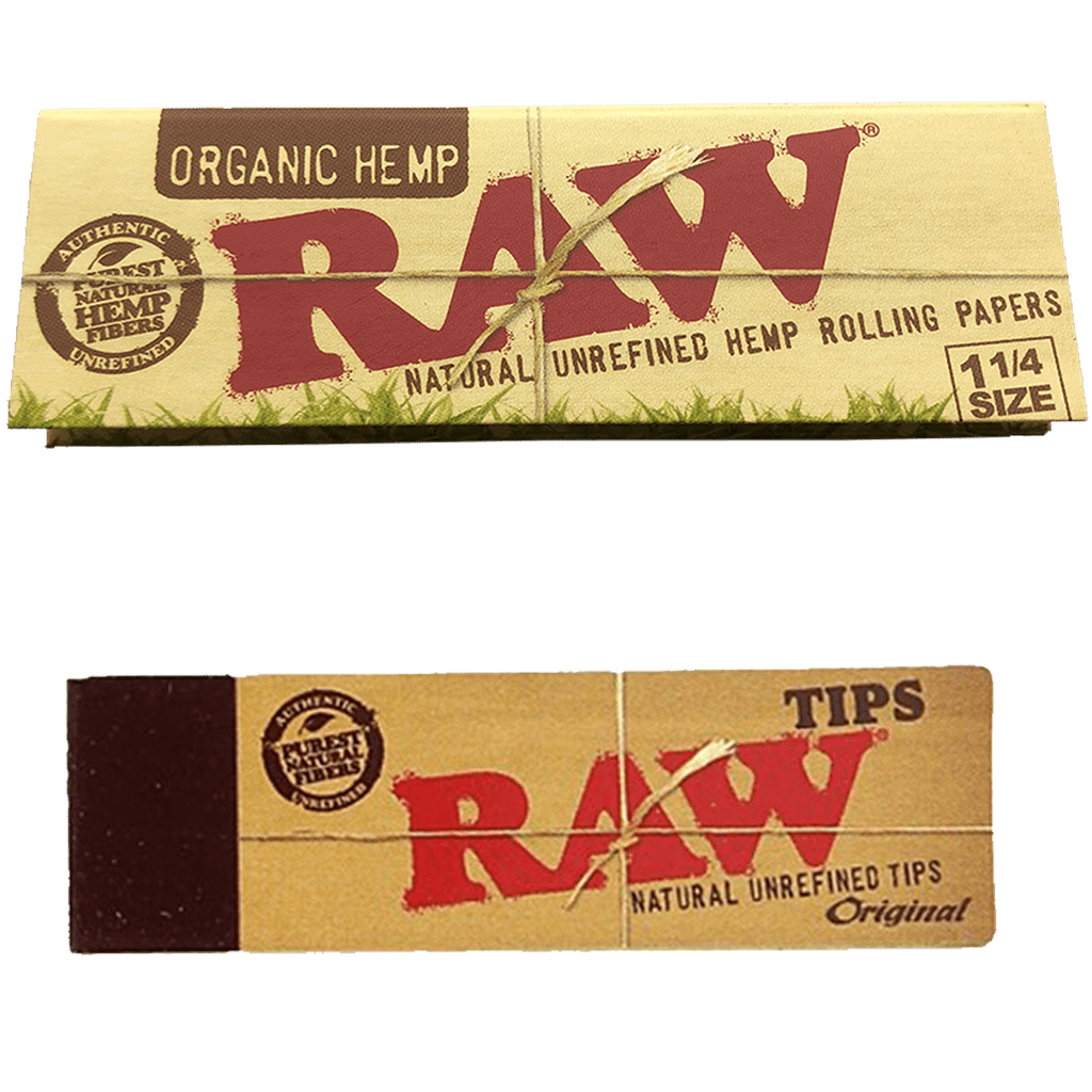 Close-up of the RAWsentials - RAW Organic Hemp 1 1/4 Size rolling papers package with a textured, natural paper look.