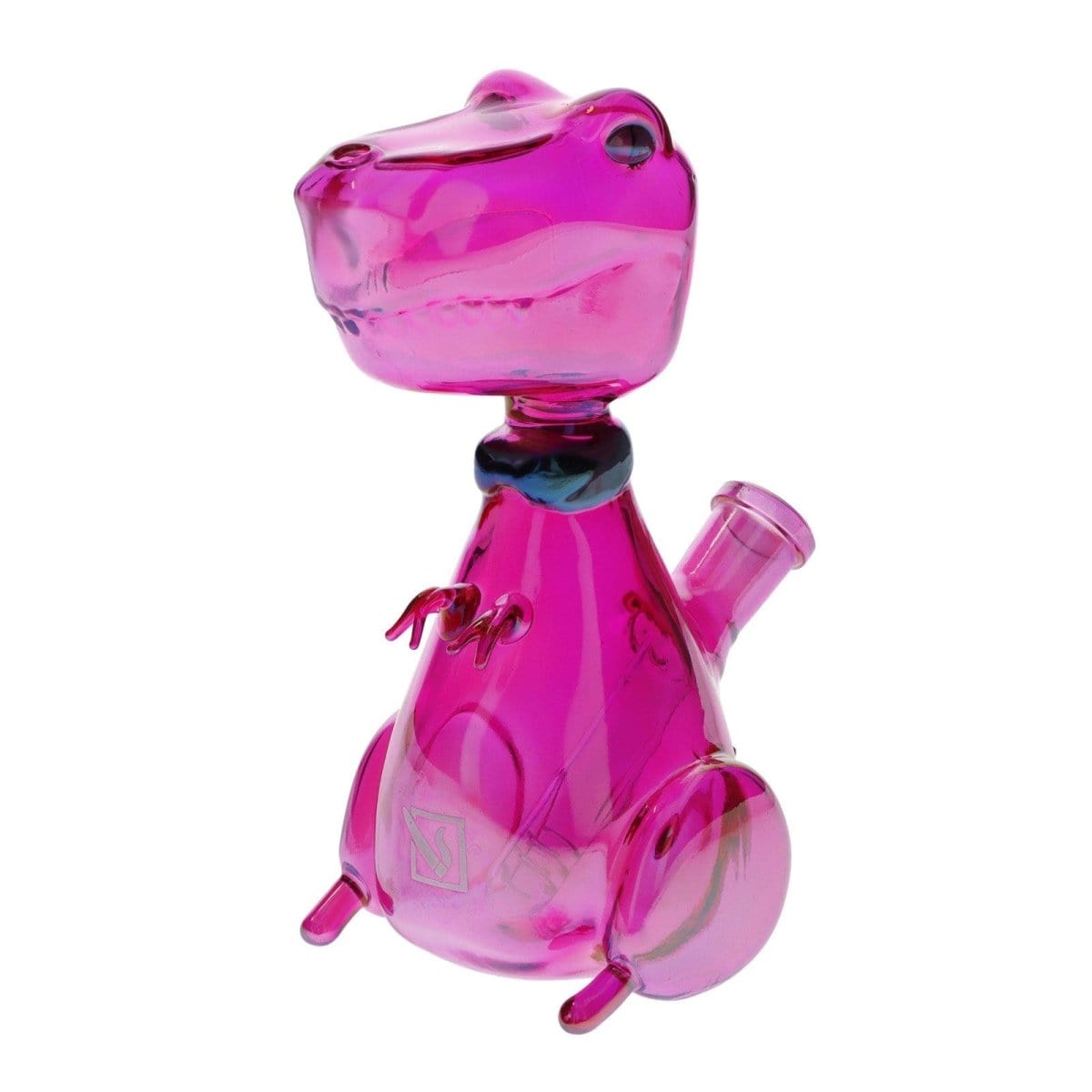 A vibrant side view of the DHC Originals Rave Dino Bong, showcasing its playful dinosaur shape in shades of pink and purple.