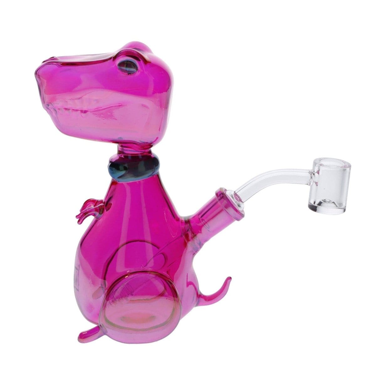 A vibrant, angled view of the DHC Originals Rave Dino Bong, showcasing its playful, dinosaur-shaped design in translucent purple glass.