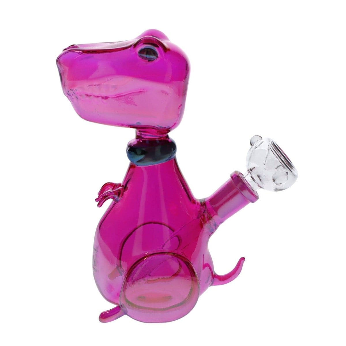 A side view of the DHC Originals Rave Dino Bong, showcasing its vibrant pink glass and playful dinosaur shape.