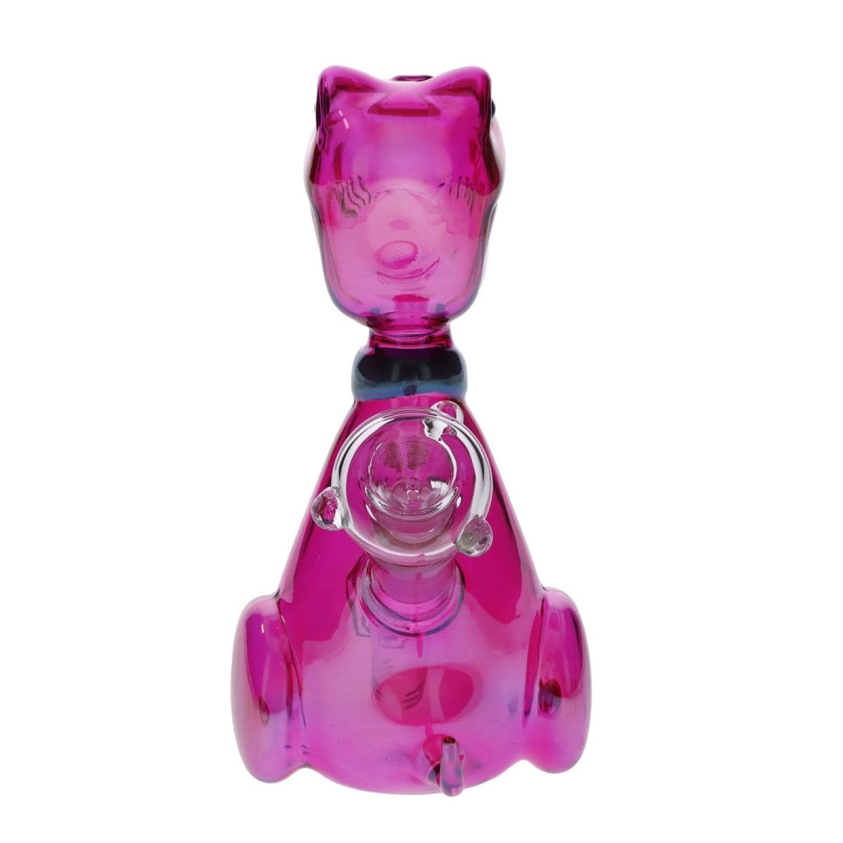Front view of the DHC Originals Rave Dino Bong, a pink glass water pipe shaped like a dinosaur.