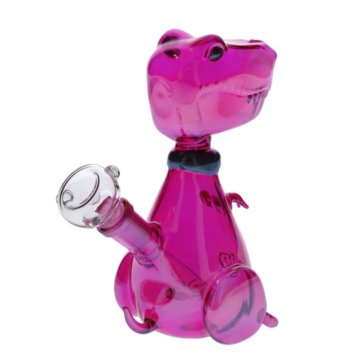 A vibrant, angled view of the DHC Originals Rave Dino Bong, showcasing its playful dinosaur shape in vivid pink glass.