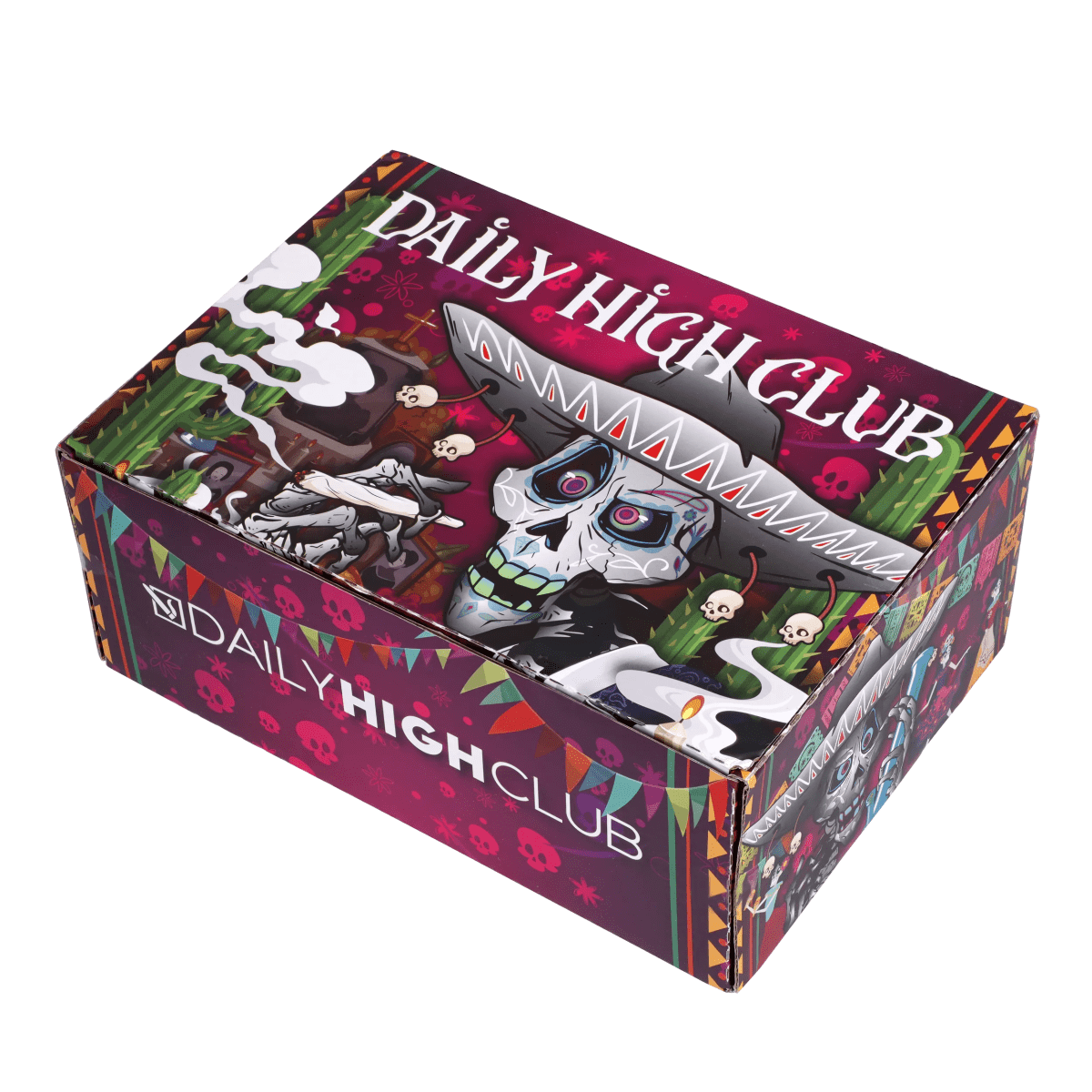 Front view of the ""Dia de los Muertos"" Box, featuring a colorful, patterned design with a skull motif against a black background.