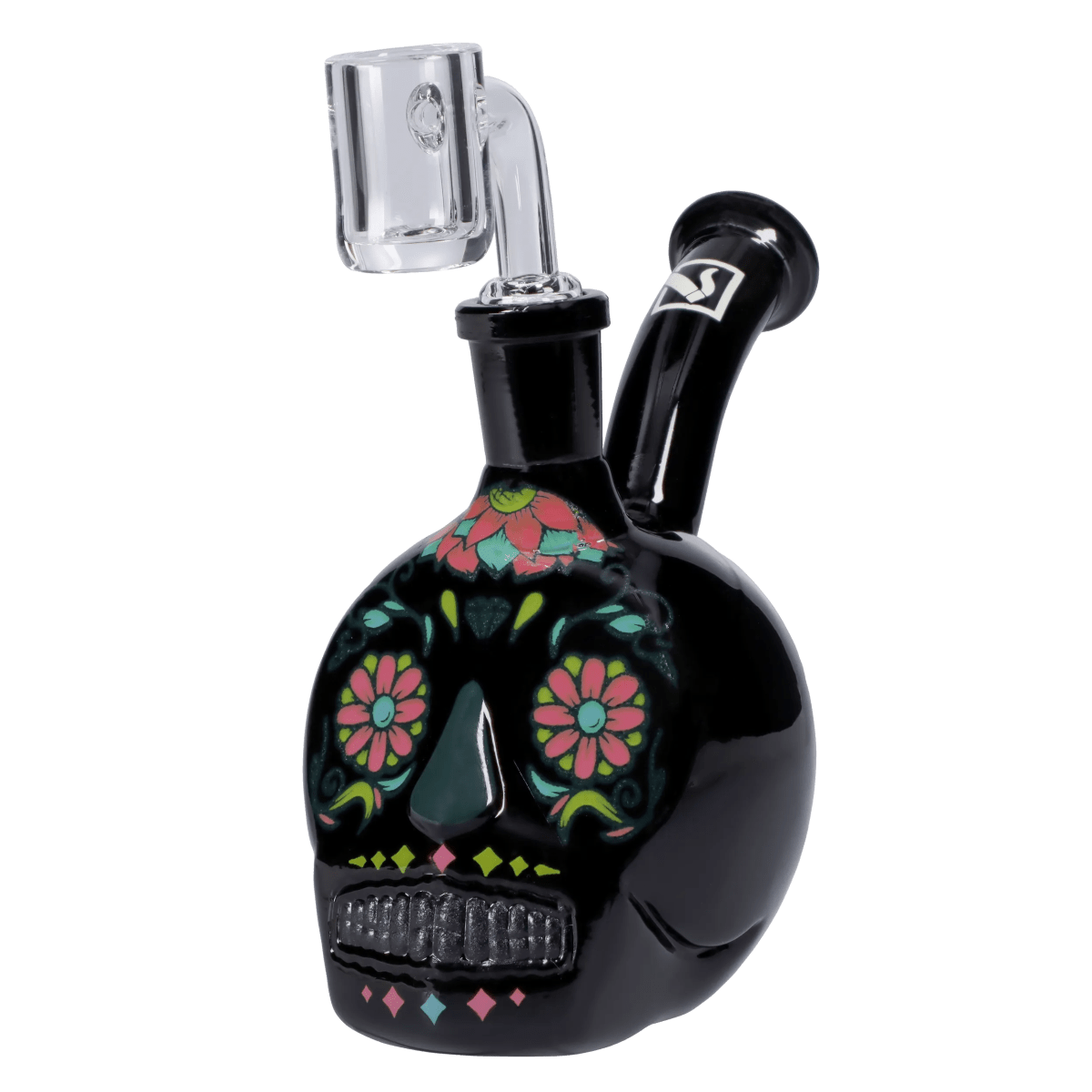 A close-up, angled view of the “Dia de los Muertos” Box, showcasing its vibrant skull design against a plain white background.