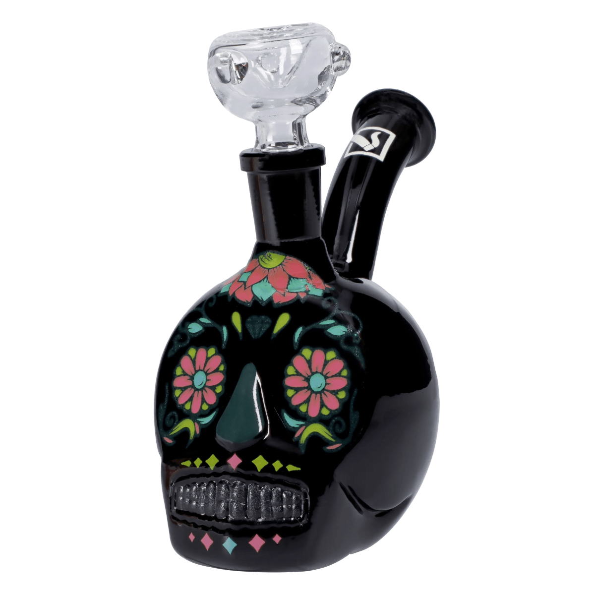 Front view of the “Dia de los Muertos” Box, a black glass piece with colorful, painted floral designs.