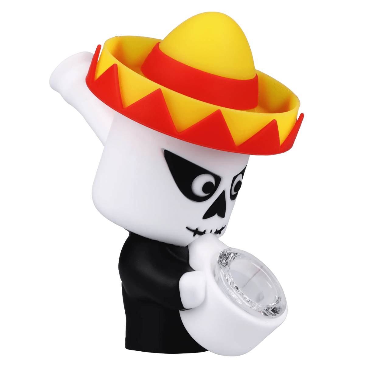 Front view of the “Dia de los Muertos” Box, a white skull with a colorful hat, viewed against a plain background.