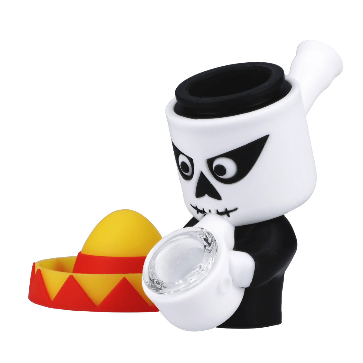 Front view of the “Dia de los Muertos” Box, a white sculpture resembling a skull wearing a colorful sombrero.